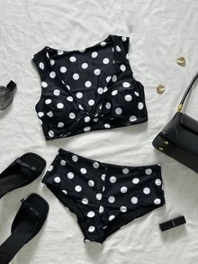 SHEIN Swim 甜心领波点印花柔软面料扭扣罩杯可爱比基尼泳装 - 藏蓝色 - 查看 6