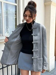 EastFlair Jaket Kasual Wanita Lengan Panjang Warna Polos dengan Desain Kancing Katak dan Potongan Reguler - Grey - View 12