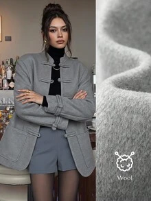 EastFlair Jaket Kasual Wanita Lengan Panjang Warna Polos dengan Desain Kancing Katak dan Potongan Reguler - Grey - View 2