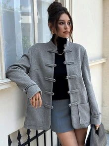 EastFlair Jaket Kasual Wanita Lengan Panjang Warna Polos dengan Desain Kancing Katak dan Potongan Reguler - Grey - View 11