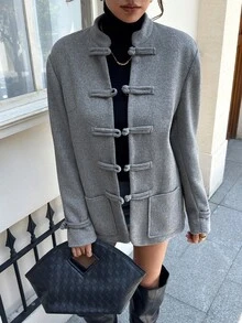 EastFlair Jaket Kasual Wanita Lengan Panjang Warna Polos dengan Desain Kancing Katak dan Potongan Reguler - Grey - View 3