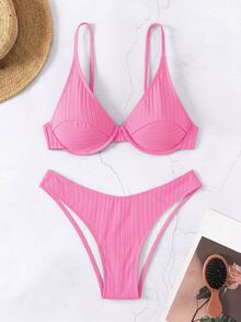 Costavie Women's Summer Beach Solid Color Sexy Fashion Bikini Two-Piece Swimwear Set - Pink - View 3