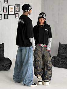 Coolane 女款字母印花 2 合 1 拼接休閒日常 T-Shirt - 黑色 - 查看 6