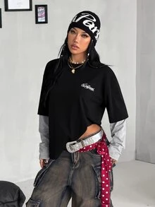 Coolane 女款字母印花 2 合 1 拼接休閒日常 T-Shirt - 黑色 - 查看 4
