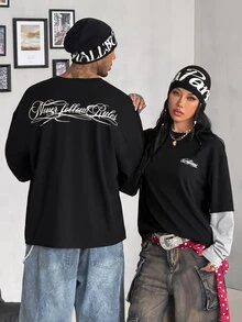 Coolane 女款字母印花 2 合 1 拼接休閒日常 T-Shirt - 黑色 - 查看 3