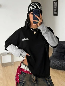 Coolane 女款字母印花 2 合 1 拼接休閒日常 T-Shirt - 黑色 - 查看 1