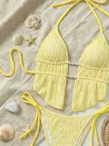 SHEIN Swim Women's Summer Solid Jacquard Fabric Strappy Backless Triangle Drawstring Halter Sexy Cute Girl Beach Bikini Set, Ladies Separate Swimwear - Yellow - View 5