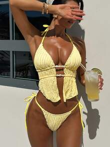 SHEIN Swim Women's Summer Solid Jacquard Fabric Strappy Backless Triangle Drawstring Halter Sexy Cute Girl Beach Bikini Set, Ladies Separate Swimwear - Yellow - View 2