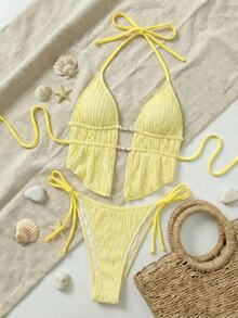 SHEIN Swim Women's Summer Solid Jacquard Fabric Strappy Backless Triangle Drawstring Halter Sexy Cute Girl Beach Bikini Set, Ladies Separate Swimwear - Yellow - View 6
