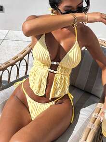 SHEIN Swim Women's Summer Solid Jacquard Fabric Strappy Backless Triangle Drawstring Halter Sexy Cute Girl Beach Bikini Set, Ladies Separate Swimwear - Yellow - View 4