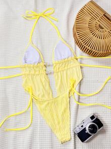 SHEIN Swim Women's Summer Solid Jacquard Fabric Strappy Backless Triangle Drawstring Halter Sexy Cute Girl Beach Bikini Set, Ladies Separate Swimwear - Yellow - View 3