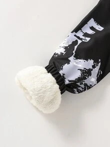青少年男孩梭織布料連帽夾克，風景與字母印花圖案，內裡刷毛布料，秋冬黑色街頭滑板校園風 - 黑色 - 查看 4