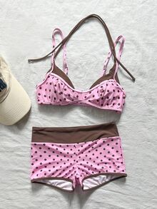 SHEIN Swim 两件套女士泳装比基尼，蓝黄波点条纹泳裤，适合波西米亚风度假、健身、休闲、Y2K复古风、甜美可爱复古沙滩女泳装套装，春夏精选沙滩装，时尚穿搭，七月四日沙滩装 - 粉色 - 查看 6