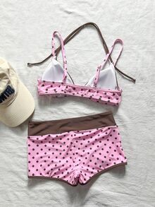 SHEIN Swim 两件套女士泳装比基尼，蓝黄波点条纹泳裤，适合波西米亚风度假、健身、休闲、Y2K复古风、甜美可爱复古沙滩女泳装套装，春夏精选沙滩装，时尚穿搭，七月四日沙滩装 - 粉色 - 查看 7