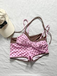 SHEIN Swim 两件套女士泳装比基尼，蓝黄波点条纹泳裤，适合波西米亚风度假、健身、休闲、Y2K复古风、甜美可爱复古沙滩女泳装套装，春夏精选沙滩装，时尚穿搭，七月四日沙滩装 - 粉色 - 查看 8