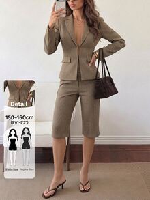 SHEIN PETITE Setelan Jas Dua Potong Motif Houndstooth untuk Wanita Bertubuh Mungil (Kasual/Komuter/Bisnis) - Coklat - View 4
