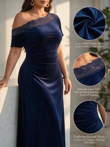 Modelyn Gaun Pesta Elegan Minimalis Warna Polos Beludru Ukuran Besar dengan Bahu Asimetris dan Patchwork Renda untuk Wanita - Biru - View 6