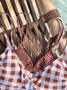 Swim Mod Women's Plaid One-Piece Swimsuit With Spaghetti Straps, Suitable For Beach Vacation, Spring/Summer - Multicolor - View 2