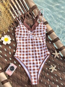 Swim Mod Women's Plaid One-Piece Swimsuit With Spaghetti Straps, Suitable For Beach Vacation, Spring/Summer - Multicolor - View 3