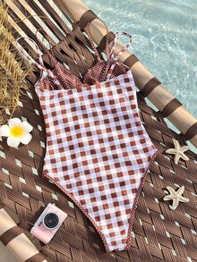 Swim Mod Women's Plaid One-Piece Swimsuit With Spaghetti Straps, Suitable For Beach Vacation, Spring/Summer - Multicolor - View 4