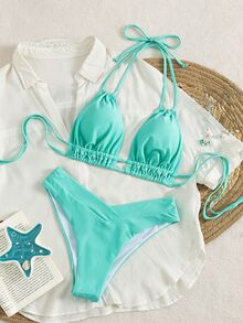 Swim Chiccia 女士夏季沙滩纯色吊带系带性感比基尼泳装套装 - 薄荷綠 - 查看 6
