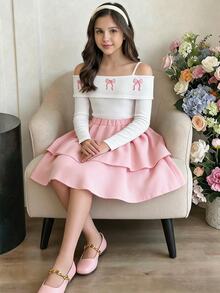SHEIN Sparklyn Tween Girls Fall Outfits Fall Tops Fall 2pcs/Set Round Neck Fashion Elegant White Summer Country Cute Concert T-Shirt Mini Set - Pink - View 2