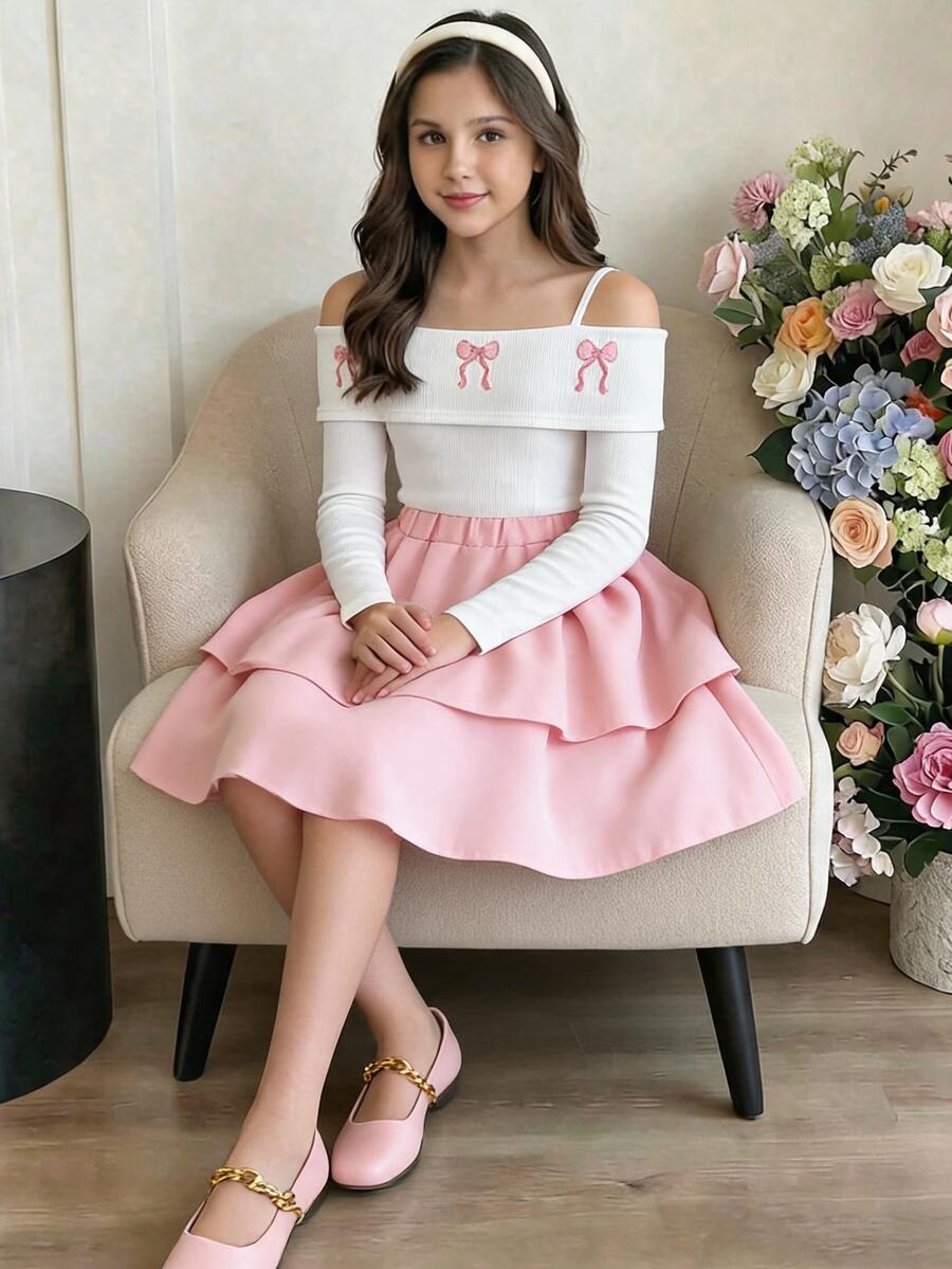 SHEIN Sparklyn Tween Girls Fall Outfits Fall Tops Fall 2pcs/Set Round Neck Fashion Elegant White Summer Country Cute Concert T-Shirt Mini Set