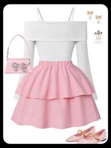 SHEIN Sparklyn Tween Girls Fall Outfits Fall Tops Fall 2pcs/Set Round Neck Fashion Elegant White Summer Country Cute Concert T-Shirt Mini Set - Pink - View 3
