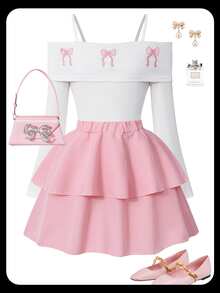 SHEIN Sparklyn Tween Girls Fall Outfits Fall Tops Fall 2pcs/Set Round Neck Fashion Elegant White Summer Country Cute Concert T-Shirt Mini Set - Pink - View 4