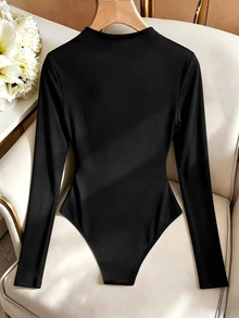 GlowEve CURVE Plus Size Women's Elegant Daily Versatile Ruched Pearl Decor Long Sleeve Solid Color Bodysuit, Spring/Autumn Winter - Black - View 2
