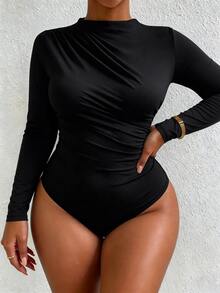 GlowEve CURVE Plus Size Women's Elegant Daily Versatile Ruched Pearl Decor Long Sleeve Solid Color Bodysuit, Spring/Autumn Winter - Black - View 7