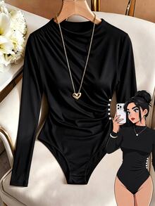 GlowEve CURVE Plus Size Women's Elegant Daily Versatile Ruched Pearl Decor Long Sleeve Solid Color Bodysuit, Spring/Autumn Winter - Black - View 3
