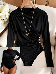 GlowEve CURVE Plus Size Women's Elegant Daily Versatile Ruched Pearl Decor Long Sleeve Solid Color Bodysuit, Spring/Autumn Winter - Black - View 1
