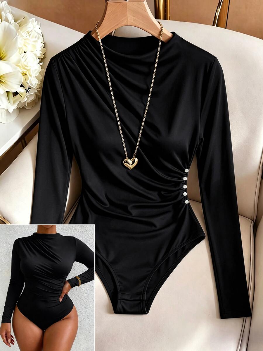 GlowEve CURVE Plus Size Women's Elegant Daily Versatile Ruched Pearl Decor Long Sleeve Solid Color Bodysuit, Spring/Autumn Winter - Black - View 1