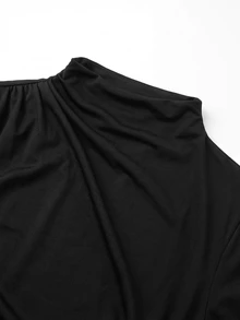 GlowEve CURVE Plus Size Women's Elegant Daily Versatile Ruched Pearl Decor Long Sleeve Solid Color Bodysuit, Spring/Autumn Winter - Black - View 6