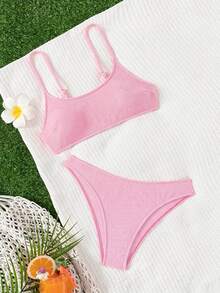 SHEIN Swim 纯色比基尼套装，适合海滩度假 - 淺粉色 - 查看 2