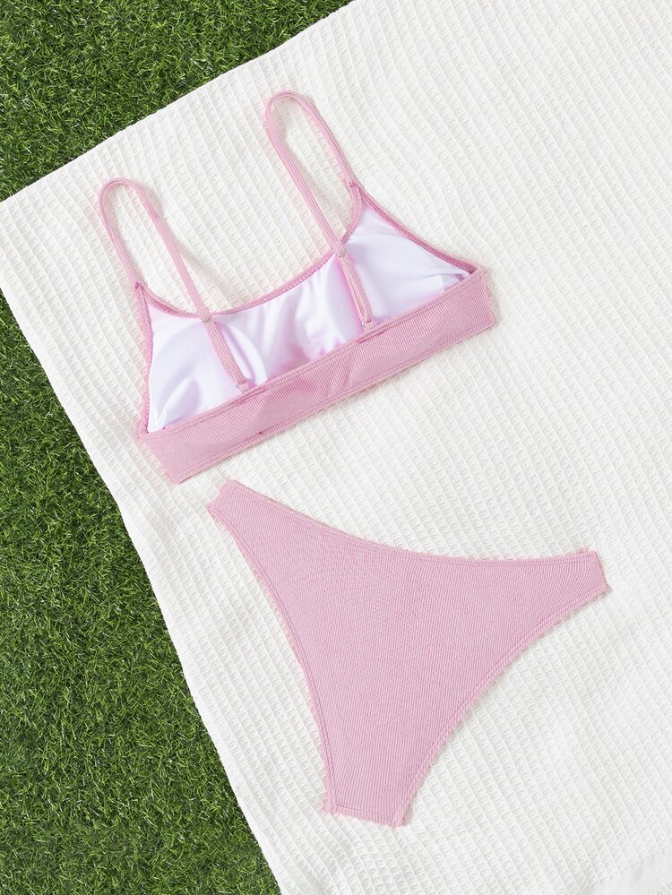 Swim Mod Solid Color Bikini Set For Beach Vacation - Baby Pink - View 3