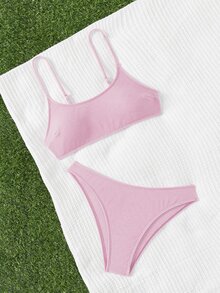 SHEIN Swim 纯色比基尼套装，适合海滩度假 - 淺粉色 - 查看 4