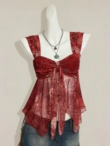SHEIN ICON 女士性感Y2K露背系带水钻镂空黑色短款上衣 - 彩色 - 查看 4