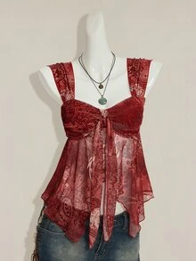 SHEIN ICON 女士性感Y2K露背系带水钻镂空黑色短款上衣 - 彩色 - 查看 5
