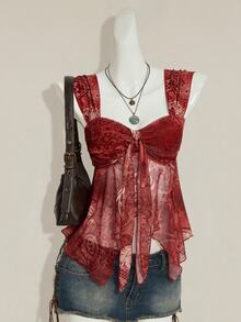 SHEIN ICON 女士性感Y2K露背系带水钻镂空黑色短款上衣 - 彩色 - 查看 3