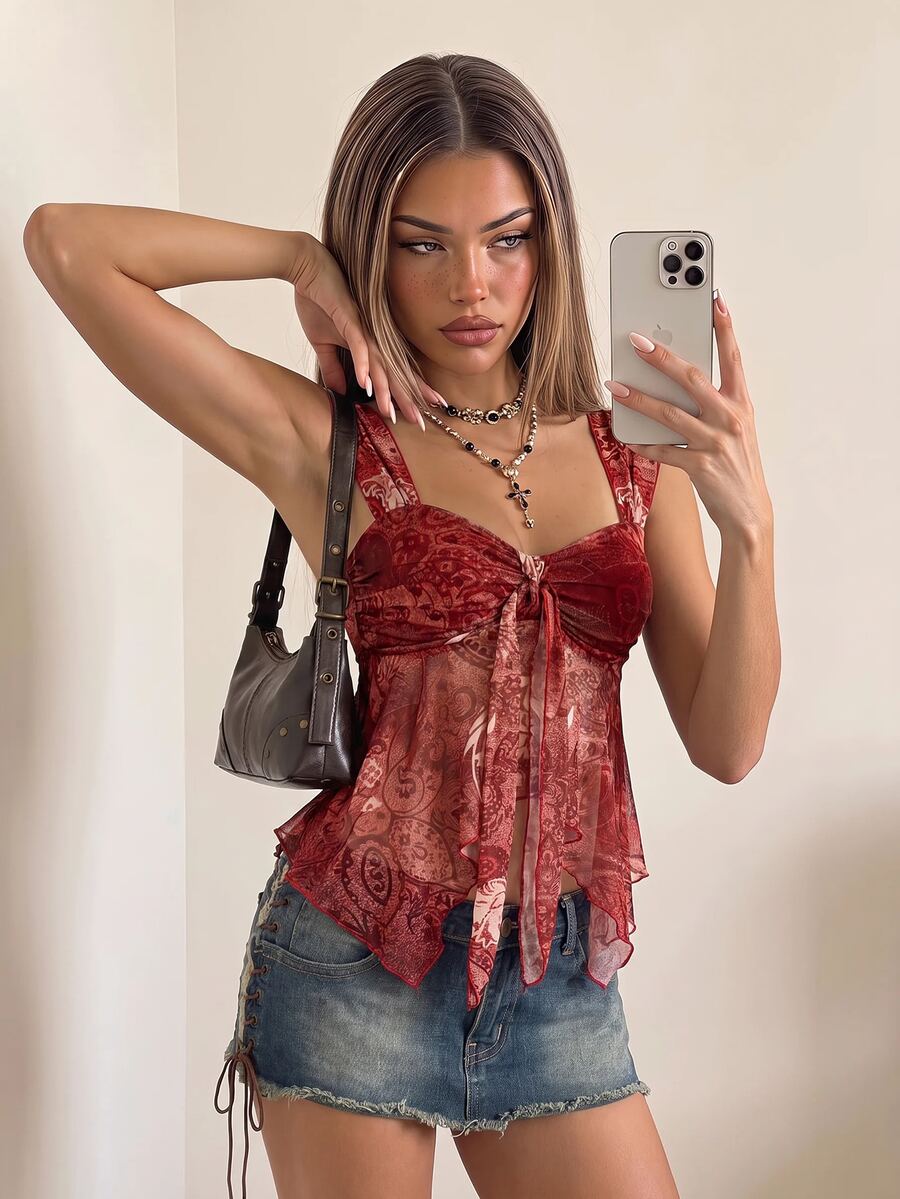 SHEIN ICON 女士性感Y2K露背系带水钻镂空黑色短款上衣 - 彩色 - 查看 1