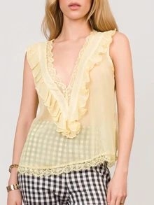 PRISCILA ESCOTO PRISCILA ESCOTO 女款黃色蕾絲拼接深V領荷葉邊無袖上衣，優雅夏季早午餐時尚都市鄉村風，適合街頭派對約會 - 黃色 - 查看 3