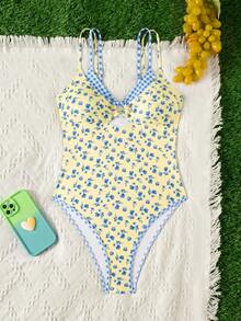 Swim Mod Women's One-Piece Plaid Swimsuit With Spaghetti Straps, Suitable For Beach Vacation, Spring/Summer - Multicolor - View 5