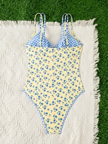 Swim Mod Women's One-Piece Plaid Swimsuit With Spaghetti Straps, Suitable For Beach Vacation, Spring/Summer - Multicolor - View 2
