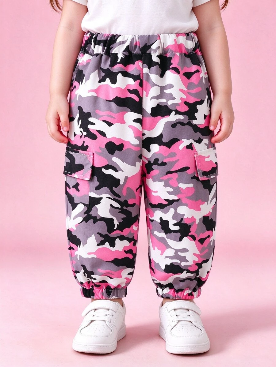 Baby Girls Pink Camo Print Cargo Pants Elastic Waist Flap Pocket Fall Jogger Trousers - Multicolor - View 1