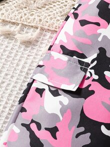 Baby Girls Pink Camo Print Cargo Pants Elastic Waist Flap Pocket Fall Jogger Trousers - Multicolor - View 4
