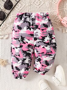 Baby Girls Pink Camo Print Cargo Pants Elastic Waist Flap Pocket Fall Jogger Trousers - Multicolor - View 3