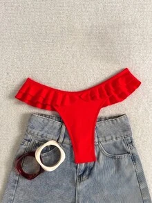 SHEIN Swim 2025 度假海滩纯色荷叶边下摆比基尼泳裤夏季 - 紅色 - 查看 3