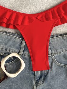 SHEIN Swim 2025 度假海滩纯色荷叶边下摆比基尼泳裤夏季 - 紅色 - 查看 5
